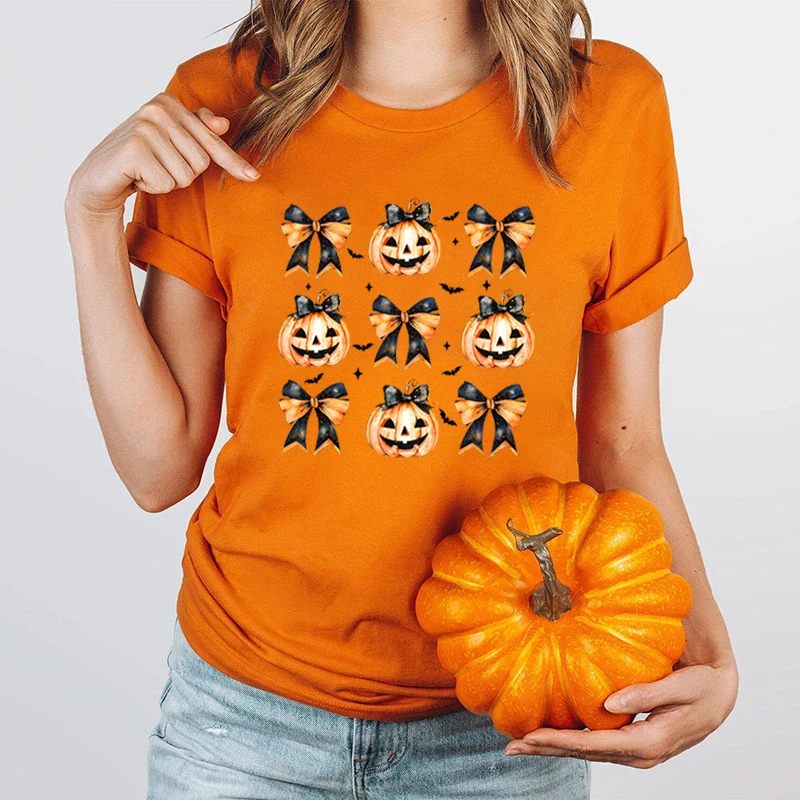 

Cool Halloween Pumpkins Bow Print T-shirts For Women Summer Halloween Fashion Casual Short Sleeve Round Neck Tops Ladies T-shirt