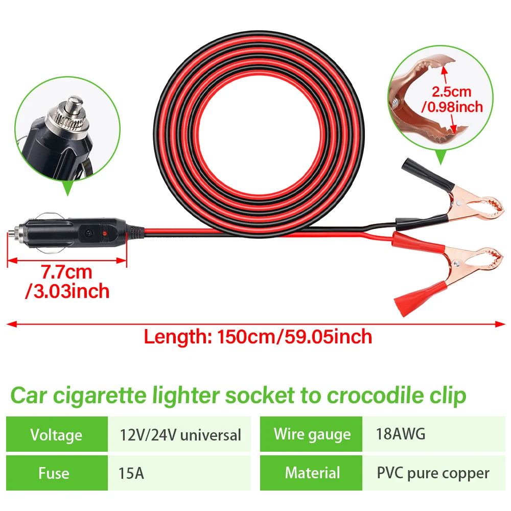 18AWG 1.5m Car Cigarette Lighter Socket Male Plug Adapter Power Cord Crocodile Clip Battery Extension Cord 15A Fuse LED Lights
