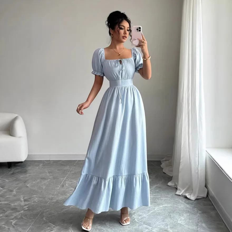 2026 Spring Women's Fresh And Elegant Tie-neck Square-neck Dress With A Youthful Touch, Backless And Ruffle-sleeve French