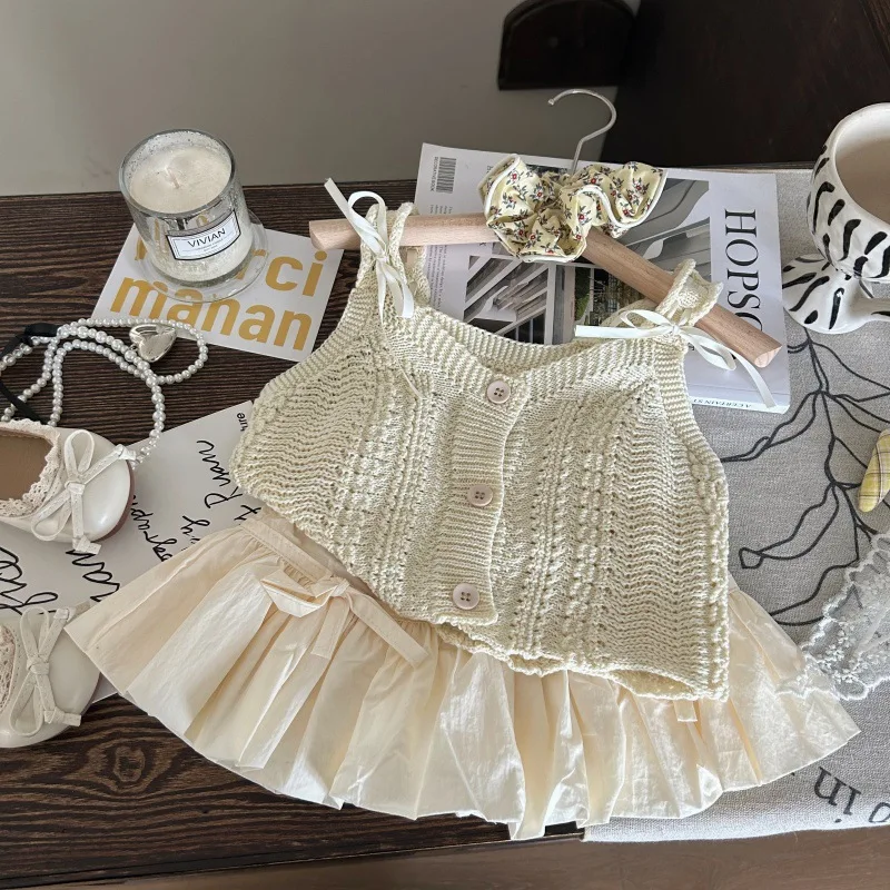 

Girls Set 2025 Summer New Childrens Wear Korean Style Girls Baby Bow Hollow Knit Vest Culottes Two-piece Casual Simple Daily