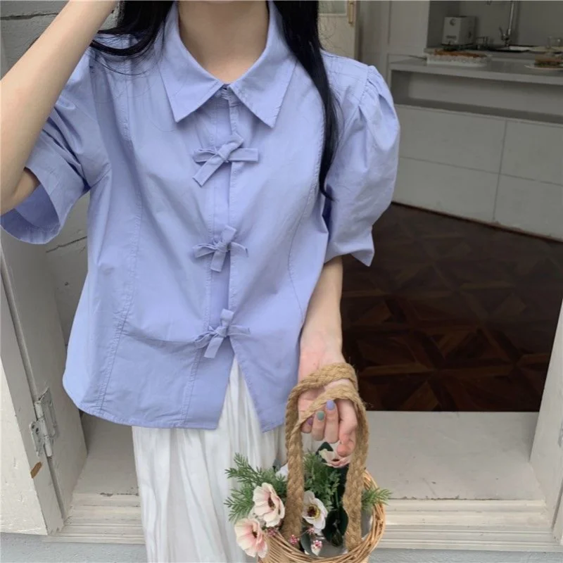 Shirts Women Sweet Summer Bow Solid Korean Style Y2k Crop Tops Fashion Ins Preppy Girl Puff Sleeve Hotsweet Casual Camisas Mujer