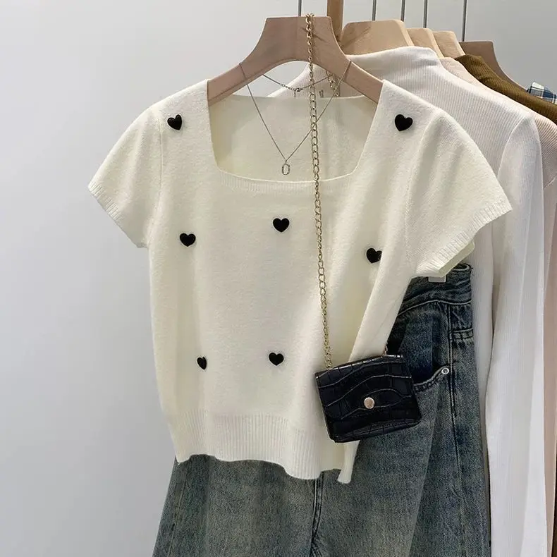

Simple Office Lady Solid Loose Pullovers Three-dimensional Lovely Square Collar Half Sleeve Knitted Summer New Casual Top