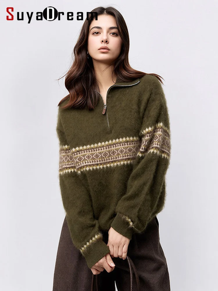 SuyaDream, Women's Fair Isle Jacquard Brushed Wool Sweater, Half Zip Lapel Collar Vintage Loose Knit Pullover, Warm Jumper