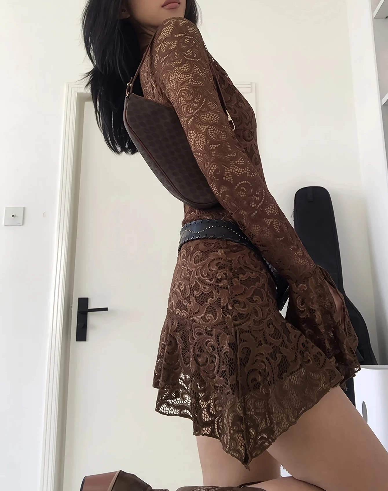 Summer  Women's Dresses Sexy Sheer Mesh Lace Bodycon Dress Flared Long Sleeve V-Neck Mini Dress