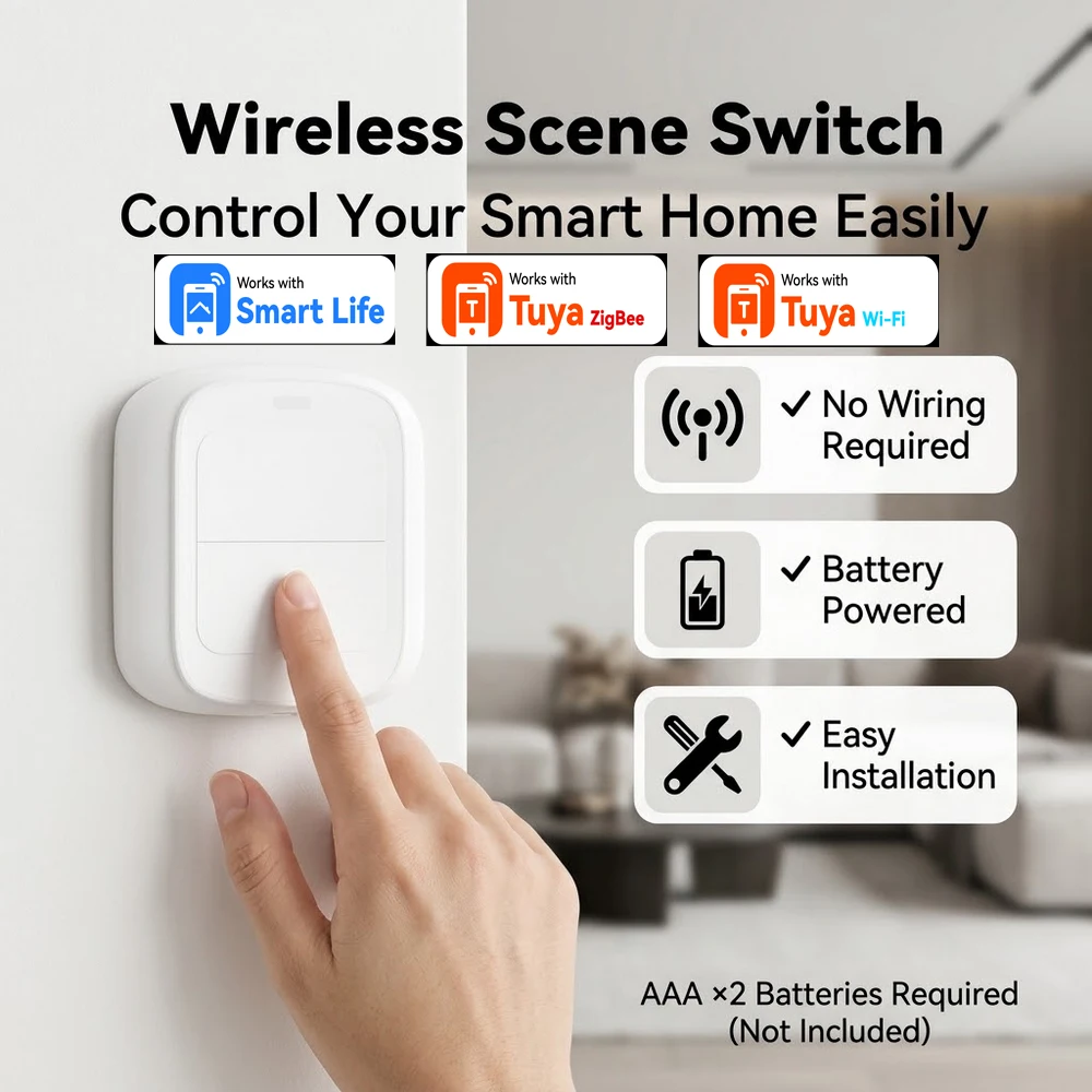 Funktioniert mit Tuya Smart WiFi/Zigbee 2-Gang 4-Szenen-Drucktastenschalter, drahtloser Smart-Home-Automatisierungs-Szenario-Fernbedienung.