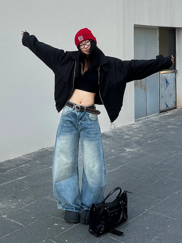 

Retro Large Size Distressed Knife Jeans Women's Loose Straight Leg Slimming Versatile Pants High Waist Wide Leg Jeans