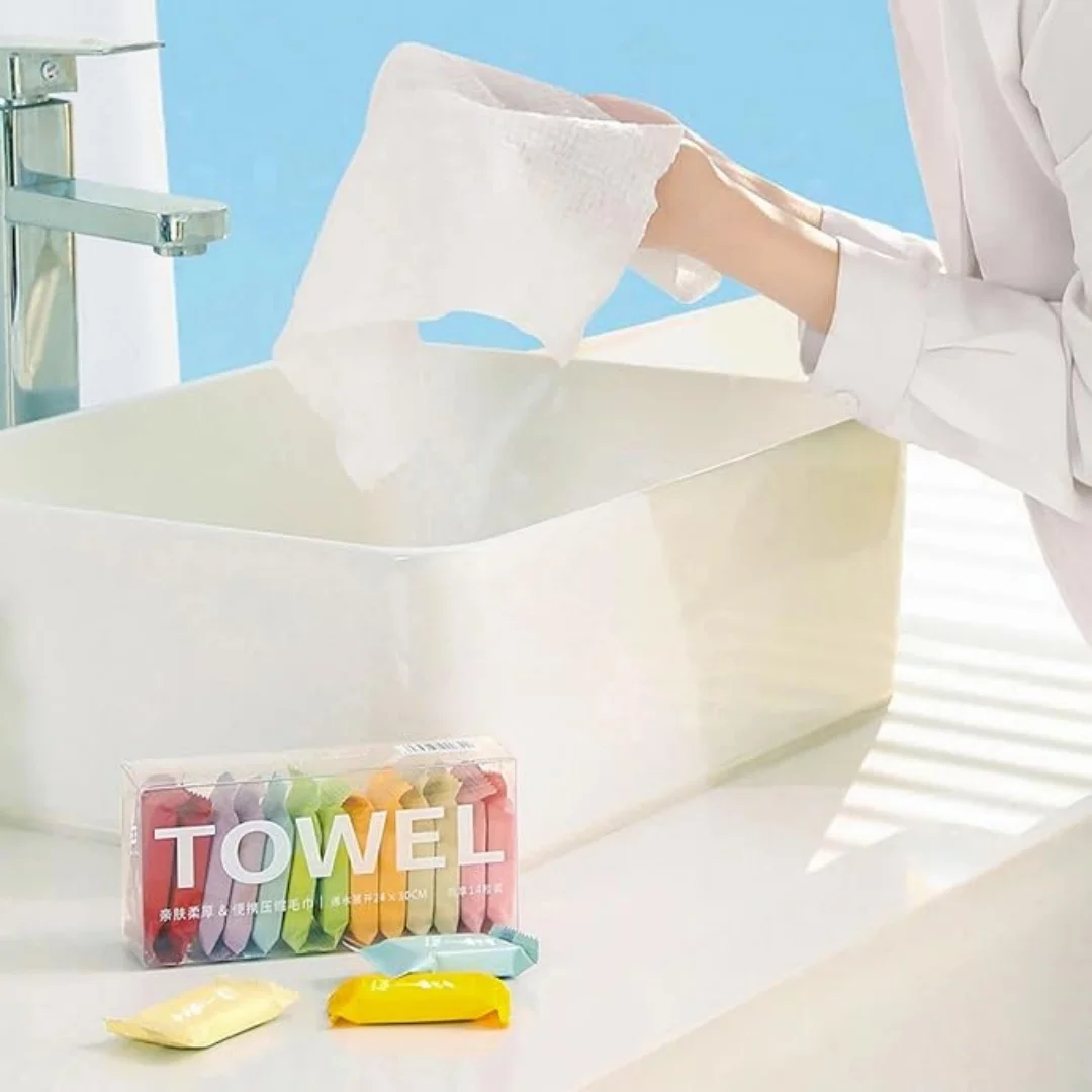 Compressed Disposable Face Towels - Colorful Portable Travel Face Cloths, Soft Cotton, Expandable for Cleansing & Skincare,