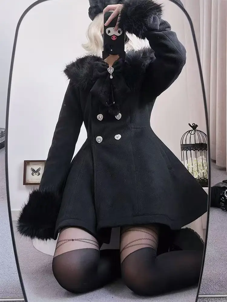 Zimowy, nowy, japoński, dopasowany płaszcz z długim rękawem, modny, elegancki, z futrzanym kołnierzem, koronkowy płaszcz damski, szykowny, słodki płaszcz z wełny.