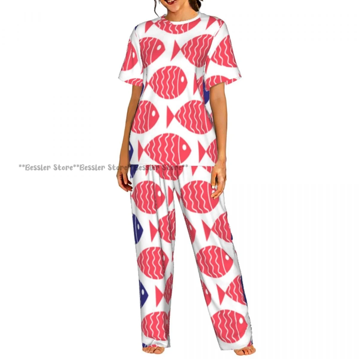 

Women's Comfort Pajamas Women's Nautical Fish Illustration Short Sleeve Set Sleepwear