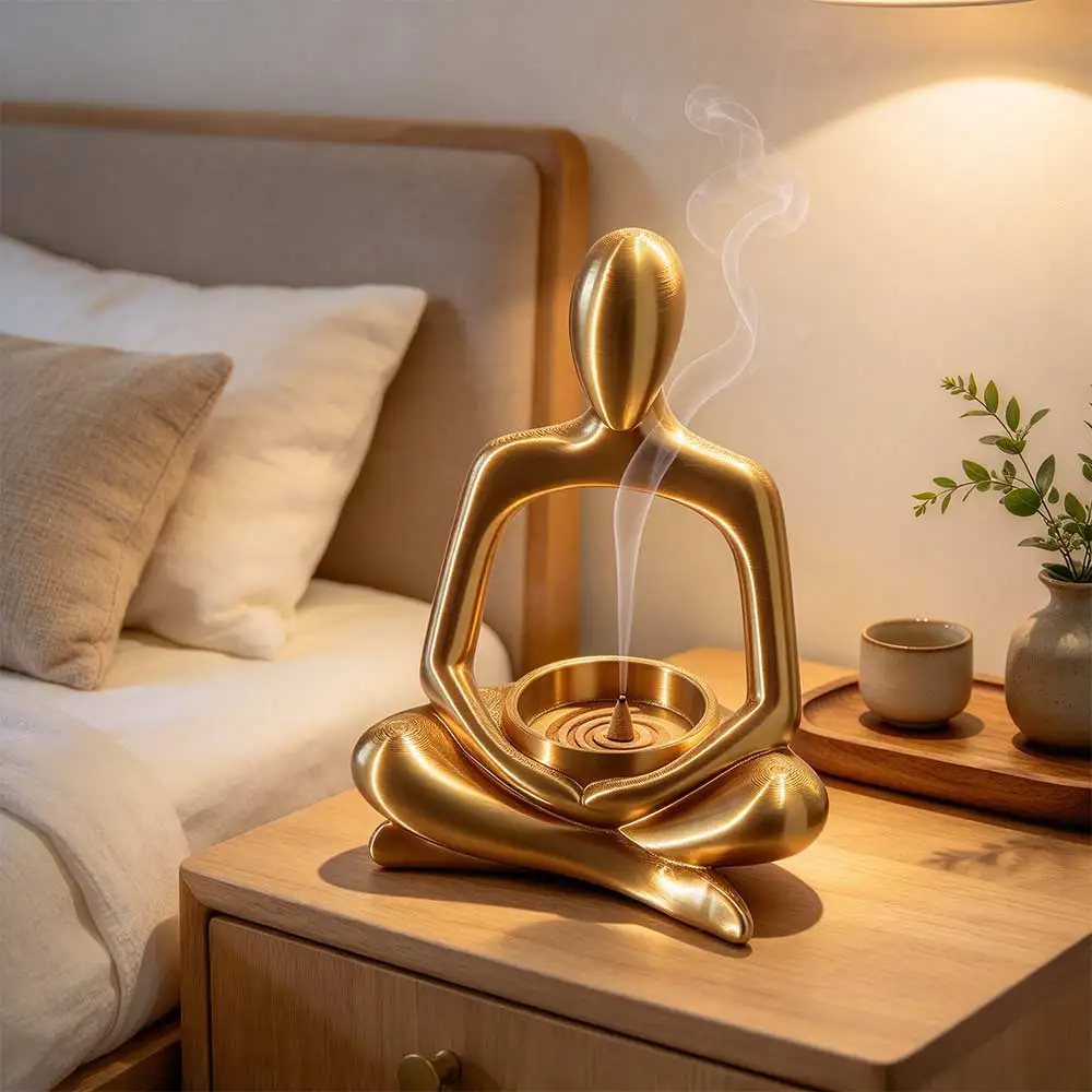 Minimalist Abstract Meditating Figurine Incense Burner 3D Printed Cross Legged Tabletop Incense Cone Holder Simulated Vintage