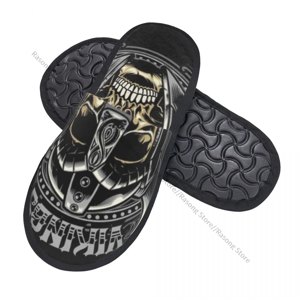 Plush Indoor Slippers Skull Of Viking Warrior Warm Soft Shoes Home Footwear Autumn Winter