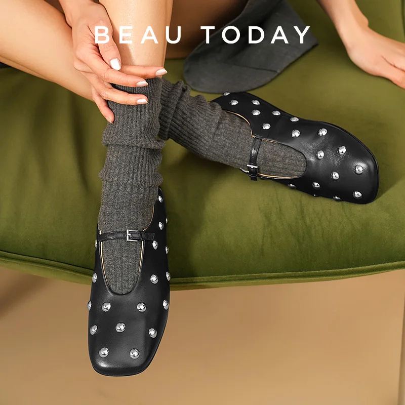 BEAUTODAY Mary Janes Women Sheepskin Solid Color Rivet Square Toe Buckle Strap Ballet Flats Ladies Shoes Handmade 28089