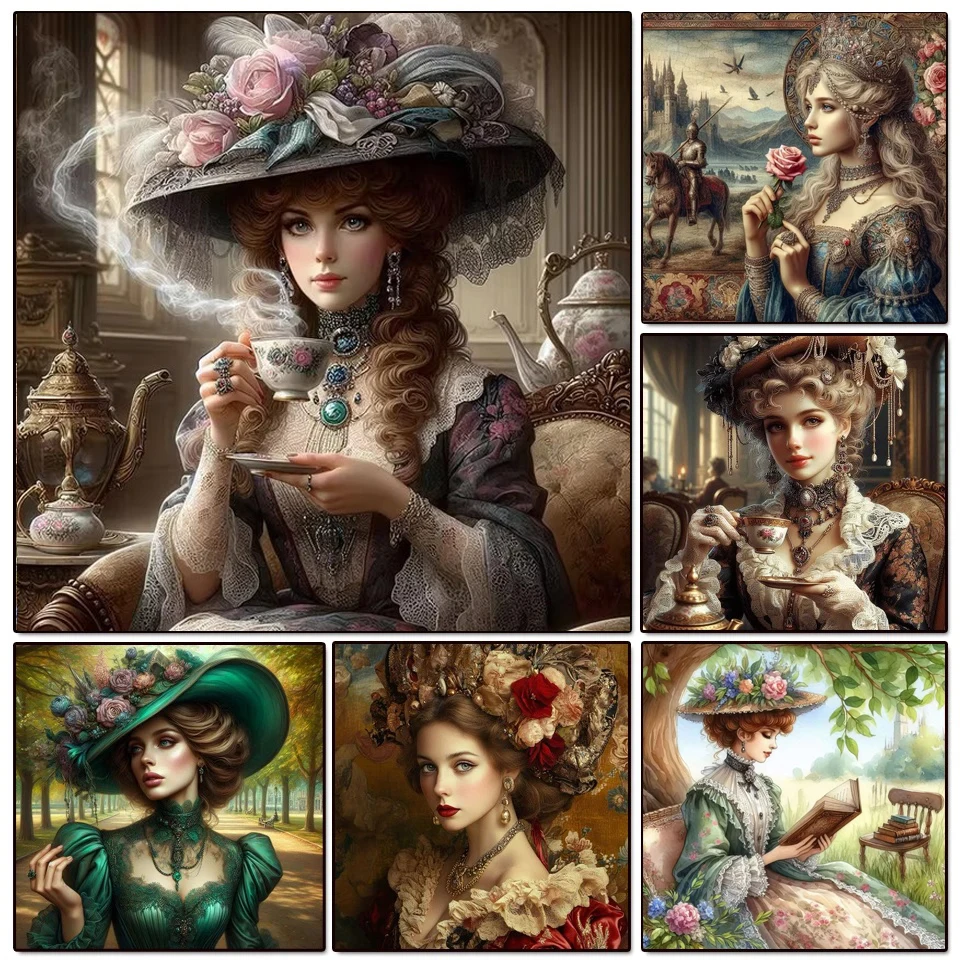 

Victorian Beauty Diamond Painting Beautiful Vintage Lady Flowers New Beads Embroidery Mosaic 5D Full Diamond Cross Stitch Kits