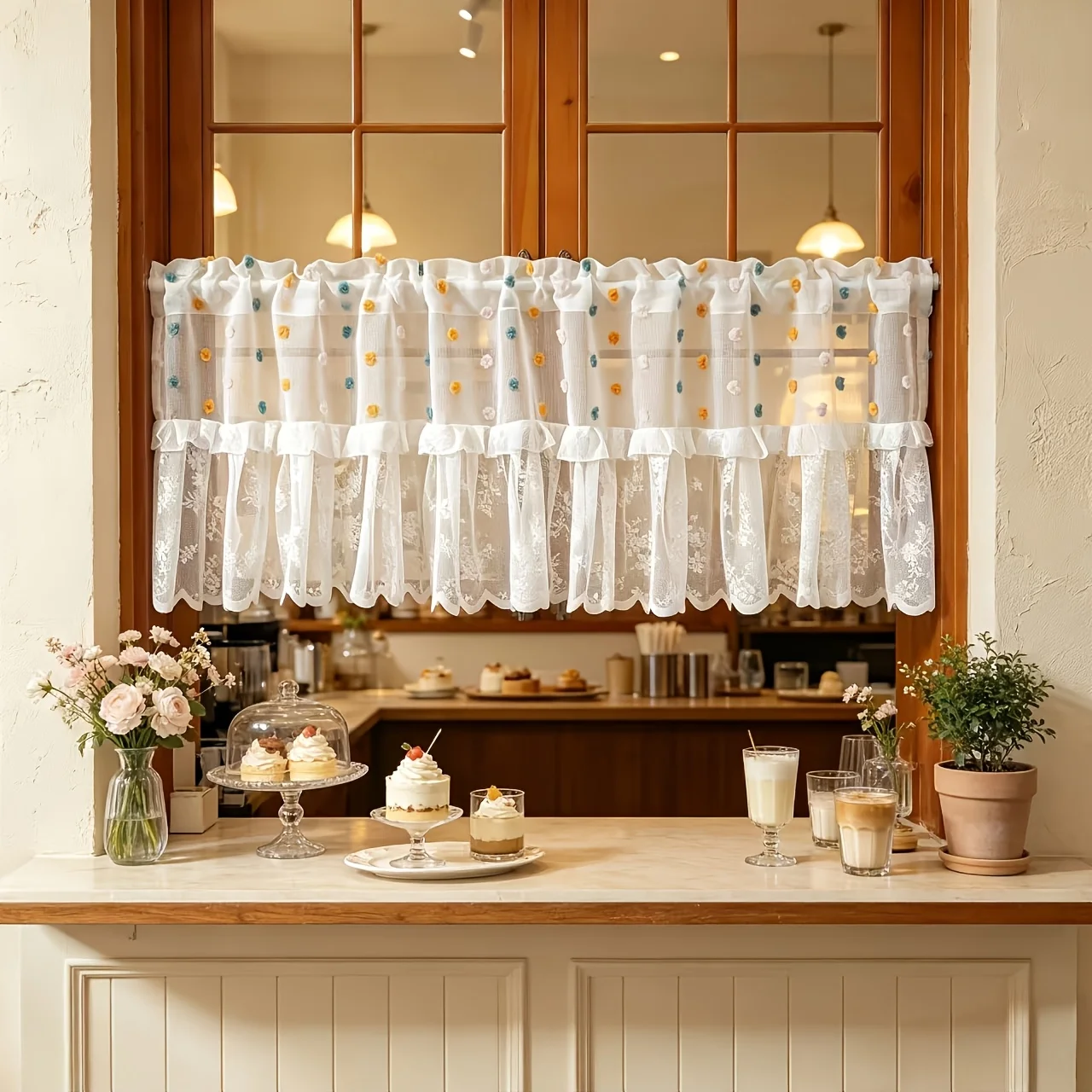 1PC Rustic Wave Edge Lace Curtain, Faux Fur Ball Decoration, Ideal for Kitchen Coffee Window, Cabinet Door Cover, Balcony Half C