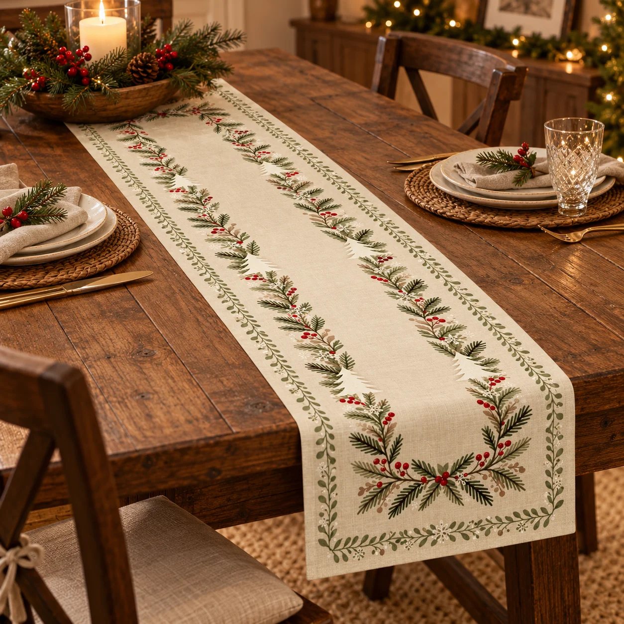Retro Christmas Table Runner, Cream Snowflake Pine Branch Red Berry Pattern, Festive Table Decor for Xmas Holiday