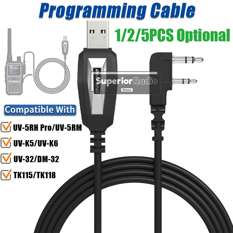 1/2/5PCS USB Programming Cable with CD 2-Pin K Type For Baofeng UV-5R Mini DM-32 SW-9 Mini-5 Quansheng UV-K5(8) UV-5R Plus Radio