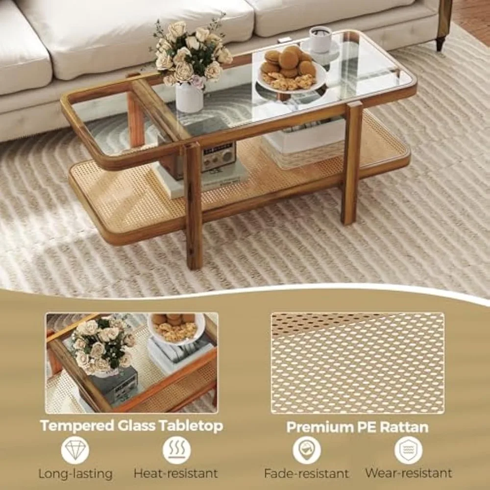 Rattan Coffee Table, 47.5" Rectangle Solid Wood Tea Table w/Tempered Glass Tabletop & Rattan Storage Shelf, 2-Tier Boho