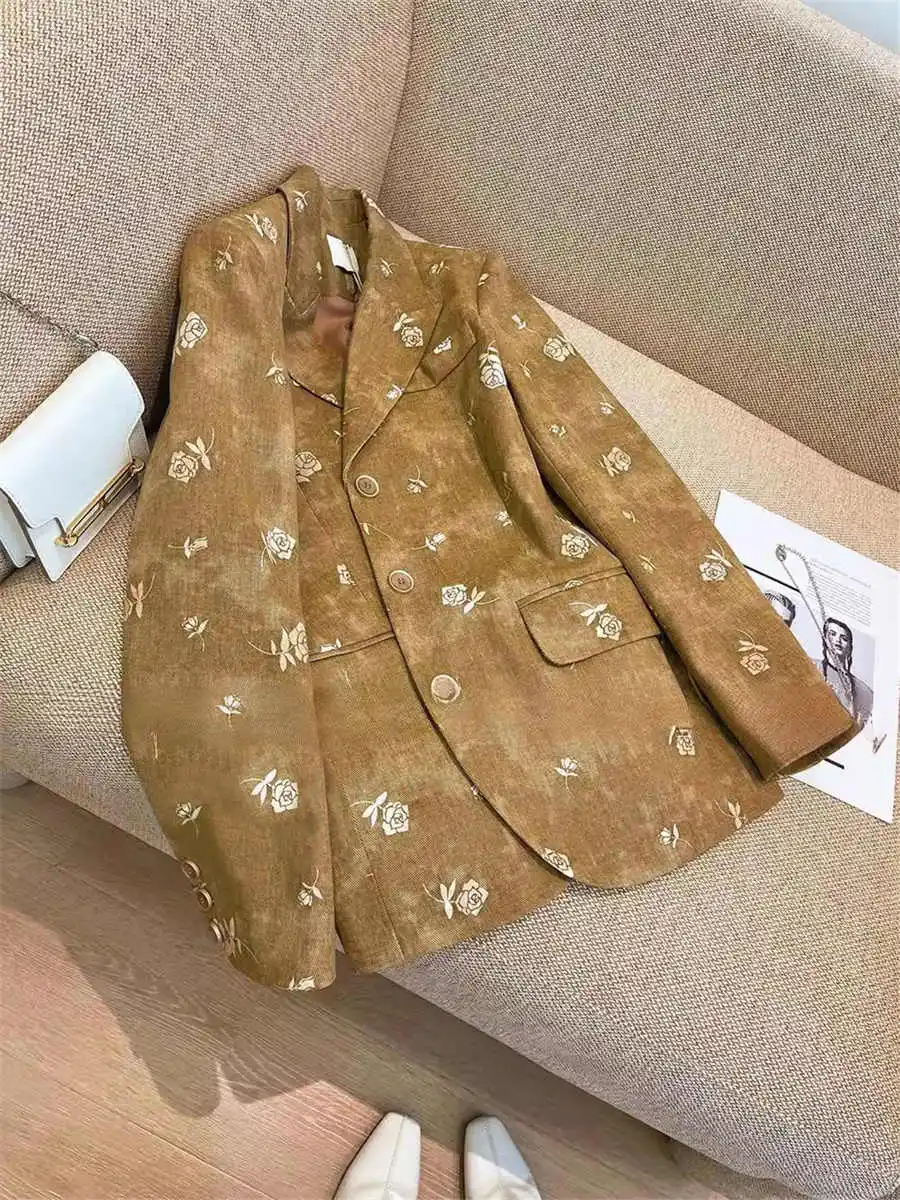 

Women's Yellow Blazer Jacket Coat Female Fashion Vintage Harajuku Loose Long Sleeve Print Suit Jacket Outerwear Top 90s Clothes