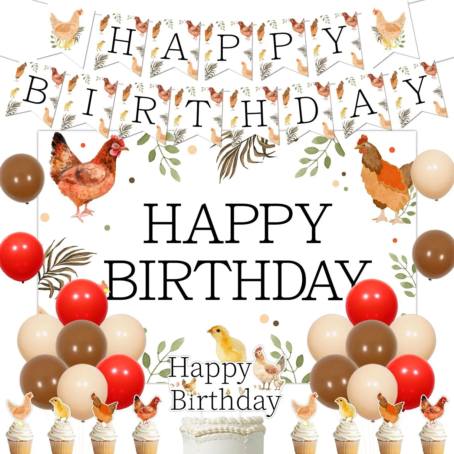

Kreatwow Chicken Happy Birthday Decor Chicken Birthday Banner Backdrop Barnyard Cake Toppers Balloons for Boys Girls Kids Party