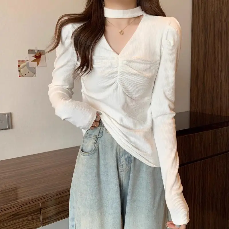 

Sweet Solid Color Folds Hollow Out puff sleeve T-Shirts Female Clothing 2024 Autumn New Loose All-match Tops Korean Tee Shirt