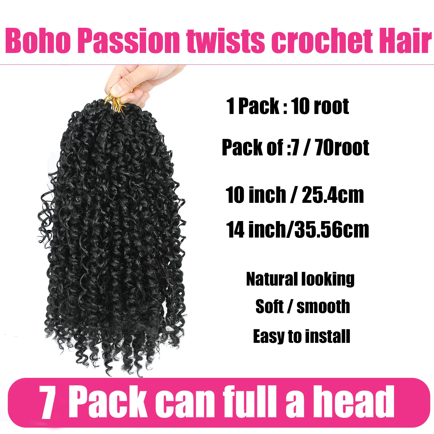 7 paquetes de trenzas torcidas de ganchillo bohemias negras naturales, extensiones de cabello pre-bucle, diosa Passion Twist con extremos rizados sintéticos