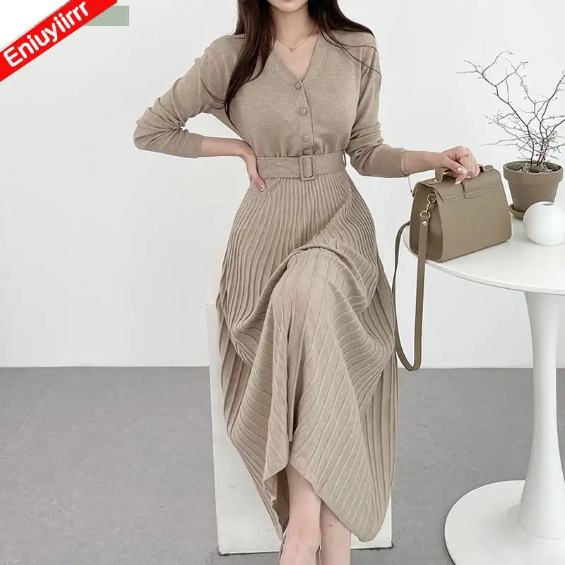 2023 Winter Lente Hot Sales Franse Bloem Ruches Lange Knop Riem Shirt Jurken Vrouwen Vintage Retro Een Lijn Vrouwelijke Vestidos