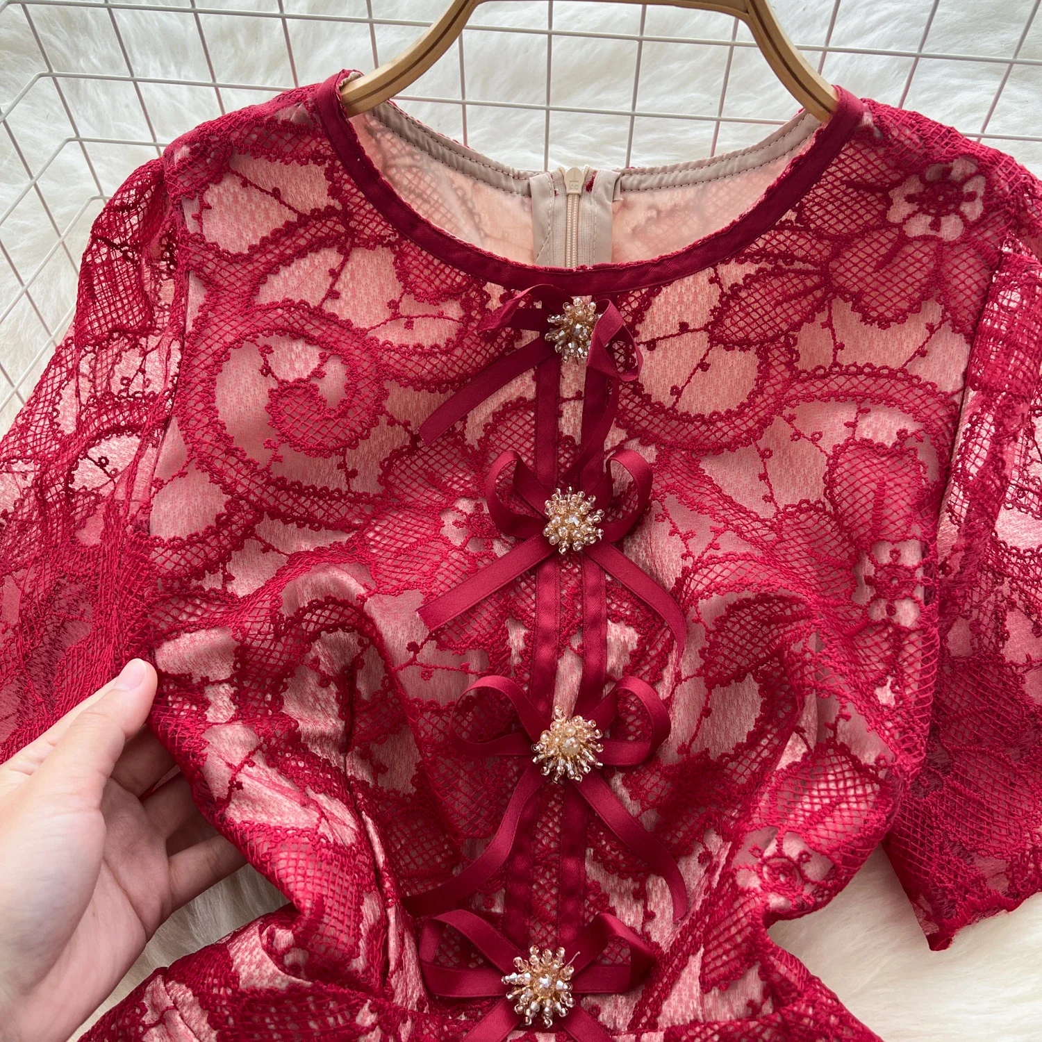 Elegant Hollow Out Hook Flower Lace Vintage O-neck Chic Short Sleeves Slim Long Dress French Evening High Street Summer Clothing