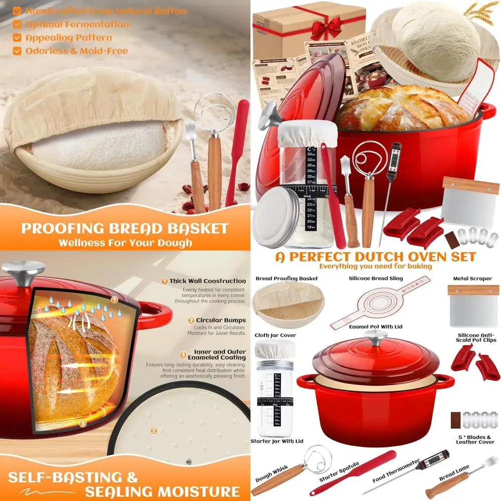 

5-Quart Enamel-Coated Cast Iron Dutch Oven with Lid, Sourdough Bread Accessories: Banneton, Starter Jar, Lame Knife, Oven-Safe t