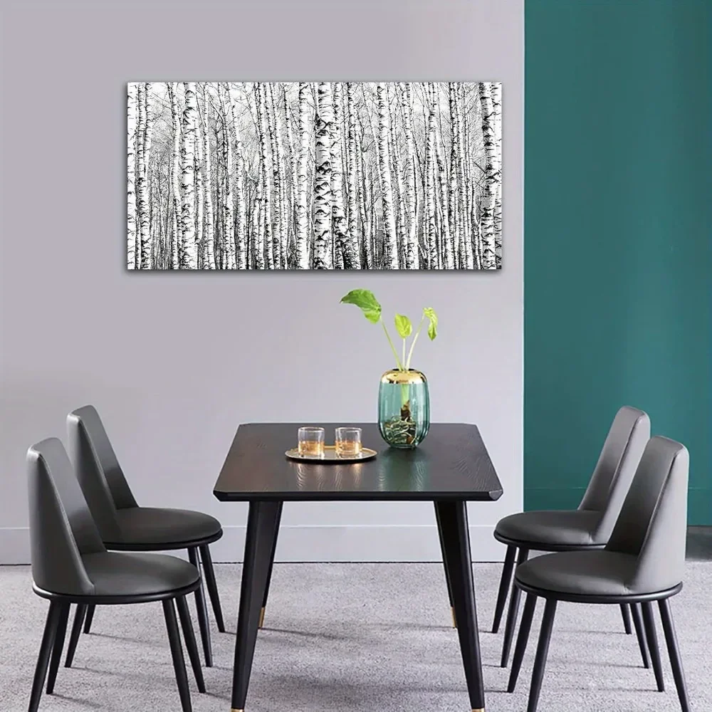 Framed large birch canvas wall art - modern black and white woodland scene, living room and home office fall style decor