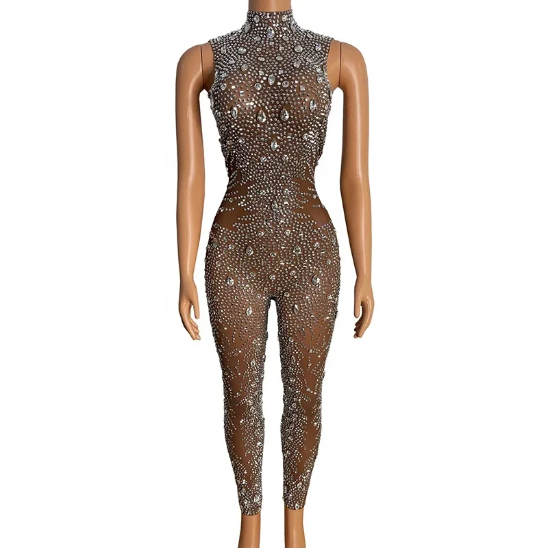 Rhinestone Sparkly Scoop Sleeveless Shiny Crystal Diamond Rompers Women One Piece Jumpsuits Nightclub Stage Bodysuit