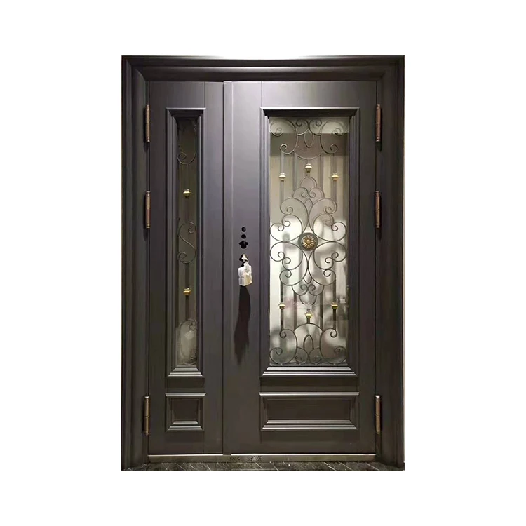Best Top Arched Exterior Anti Rust Cast Wrought Iron Door Gate With Art Glass For Villa Front Entry Door