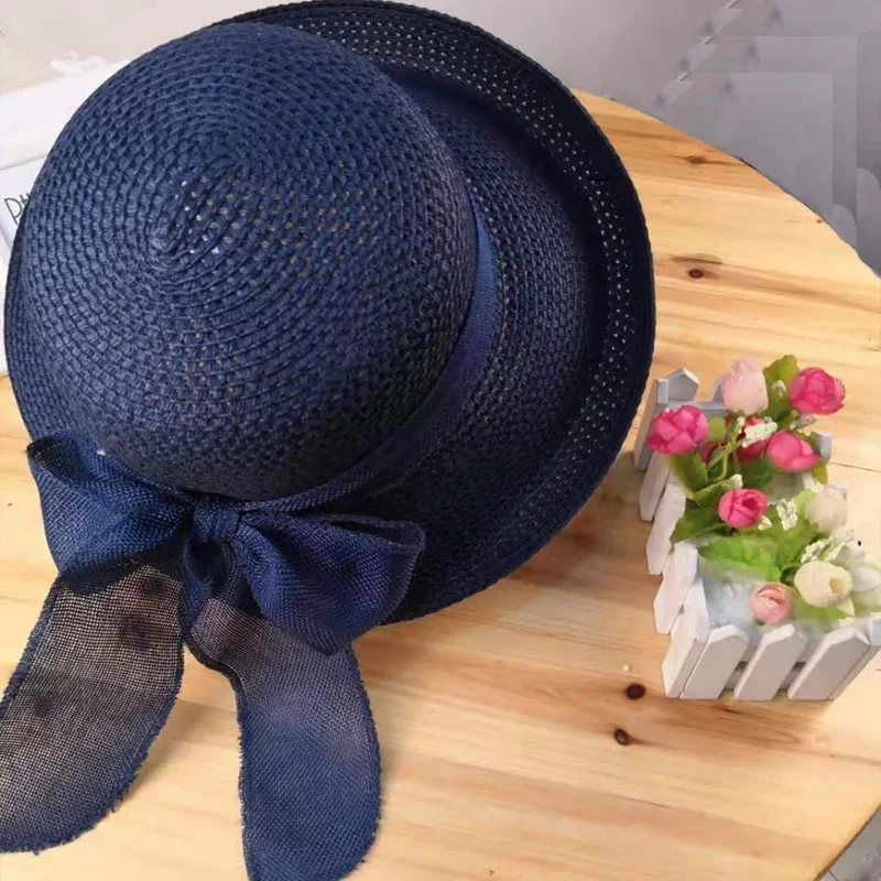 Summer Women Straw Hat Rolled Edge Bow Breathable Sunscreen Large Eaves Sun Hat Shading Beach Seaside Foldable