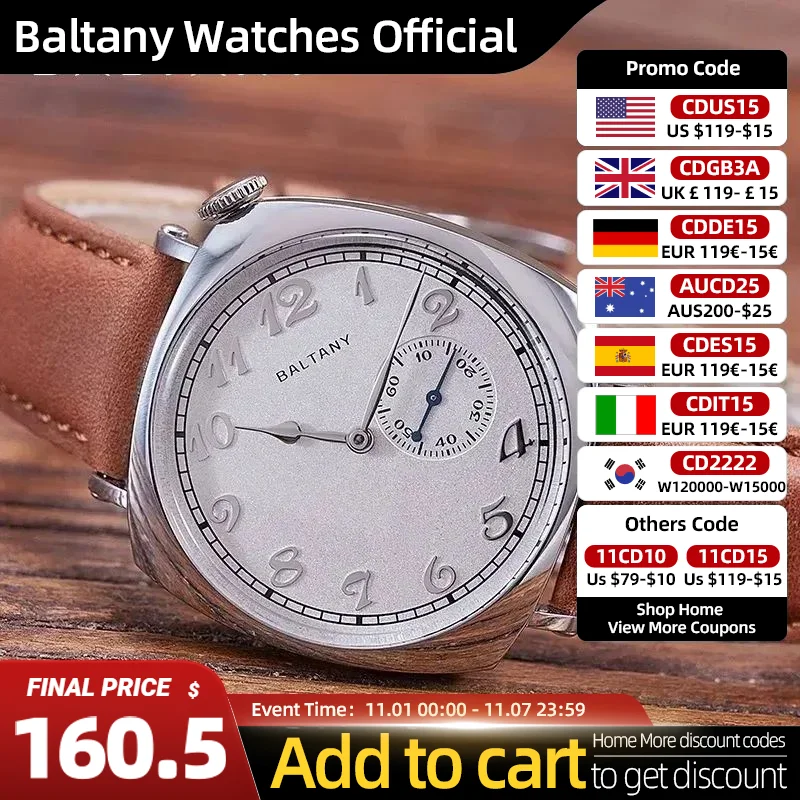 Baltany 1921 ST1701 Luxury Men's Automatic Mechanical Watch Vintage Classic Salmon Dial Sapphire Square Case Leather Wristwatch