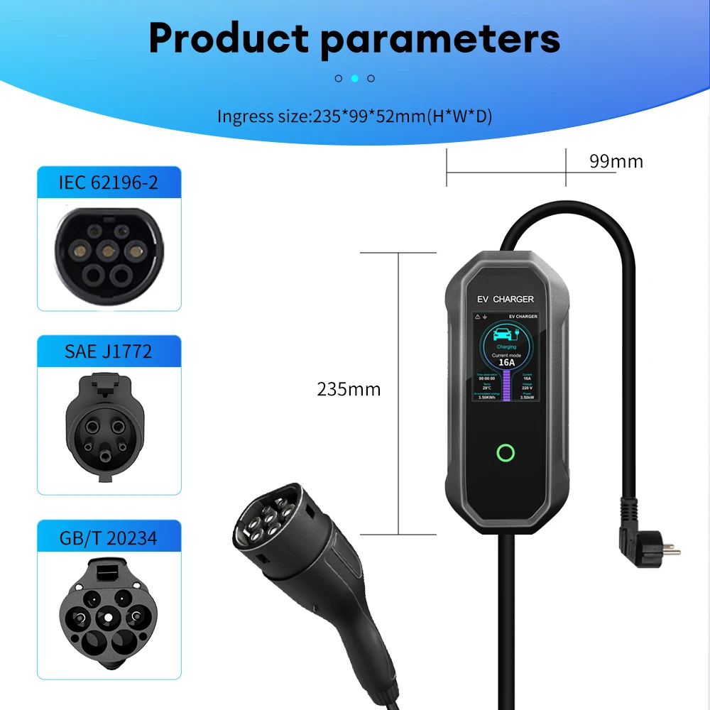 JNTIMUYA Chargeur Portable 3.5KW Vope2 IEC62196-2 16A EVSE GBT Vope1 EU Plug Charging Contrmatérielle Wallbox 3.5M