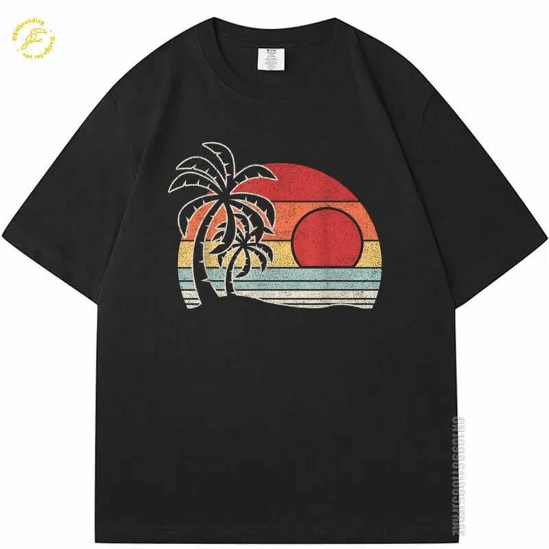 

Vintage Retro Palm Tree Sunset Tropical Beach Oversized T-Shirt 2025 Hot Men's Clothing T Shirt Man Футболка Оверсайз Cotton