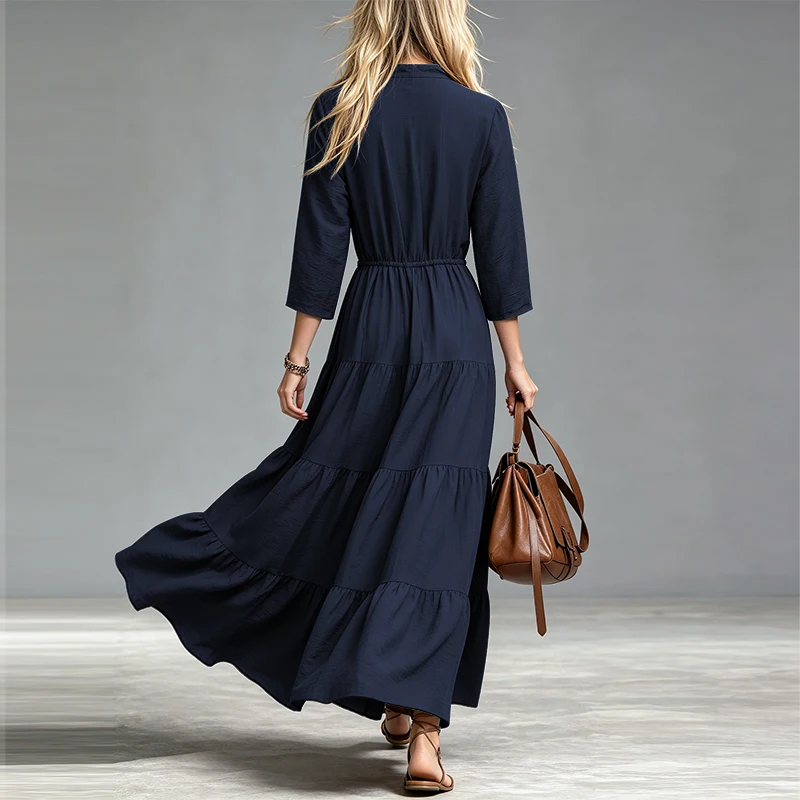Spring&Summer Elegant Lady's Solid-color Dress Modest Half-open Front A-shaped Shirt Dress Daily Work and Casual Outfit S-2XL