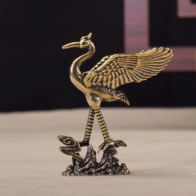 Vintage Brass Crane Figurine, Chinese Traditional Bird Statue With Rock Base, Desktop Tea Pet Ornament, Oriental Craft Decor