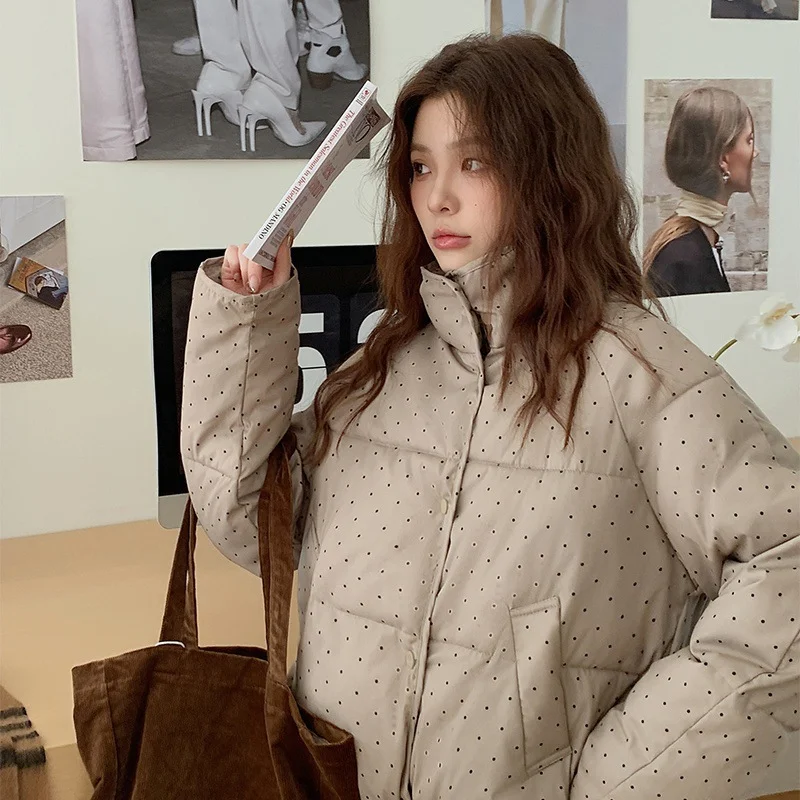 سترة نسائية قطنية منقطة حلوة شتوية جديدة بأكمام طويلة متعددة الاستخدامات فضفاضة على الموضة للطلاب وياقة واقفة معطف قصير #4