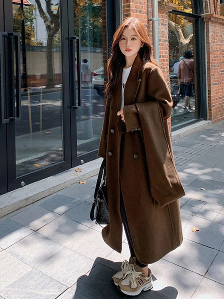 Korea Woolen Long Jackets Coats Tops Winter Laper Double Breasted Abrigos Casual Chaquetas Overcoat Classic Women Warm Casacos