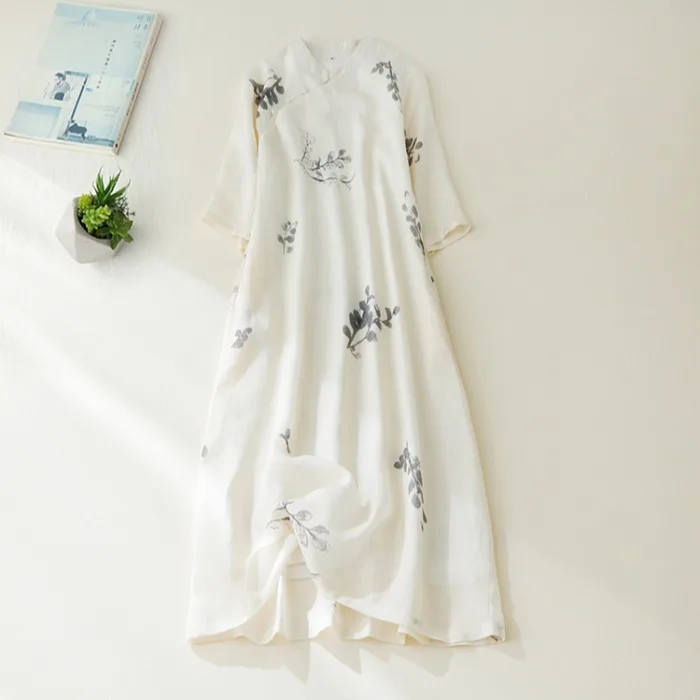 

Женская хлопково-льняная юбка большого размера с принтом f Sve Dr, воротник-стойка, длинная юбка трапециевидной формы на пуговицах, традиционная китайская летняя юбка...