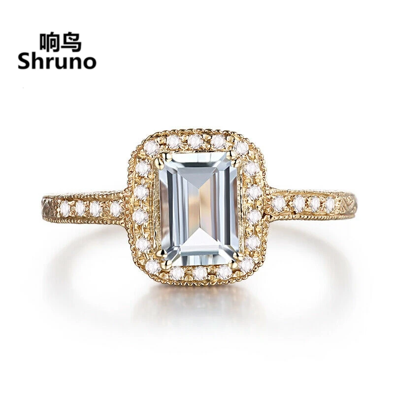 

Shruno Solid 14K 585 Yellow Gold Emerald Cut 1.2ct Natural Aquamarine Engagement Ring Women Real Diamond Wedding Vintage Jewelry