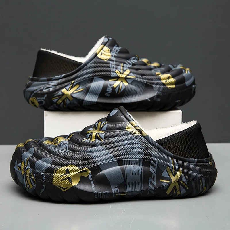 

Winter Men's Fleece Lined Thickened Warm Large Size Cotton Slippers Home Waterproof Anti-Slip Semi-Flop Shoes with Toe Caps