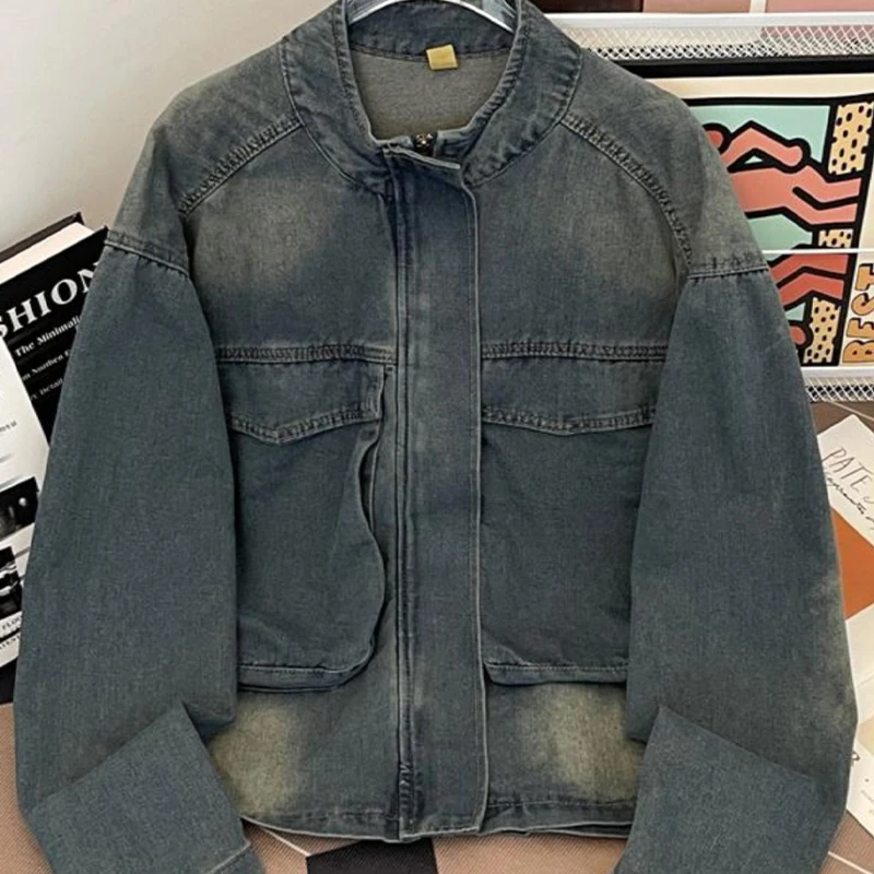 

Men's Fashion Clothing Spring Autumn New American Retro Stand-up Collar Blue Denim Jackets Casual Loose Large Pocket Zipper Coat
