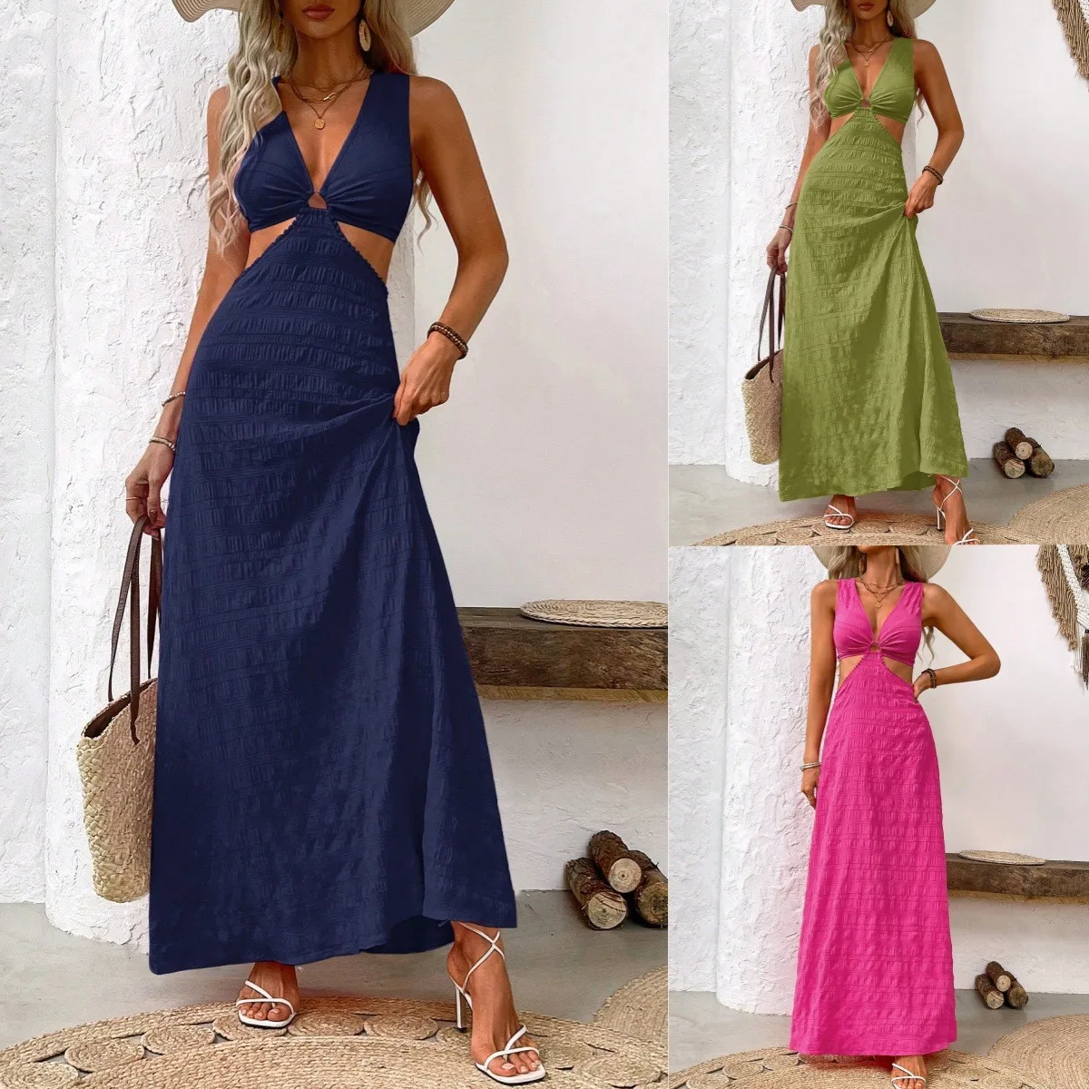 

Summer Women's Clothing Deep V Neck Sleeveless High Waist Long Dress For Sexy Outfits Solid Vacation Wear Polyester Maxi