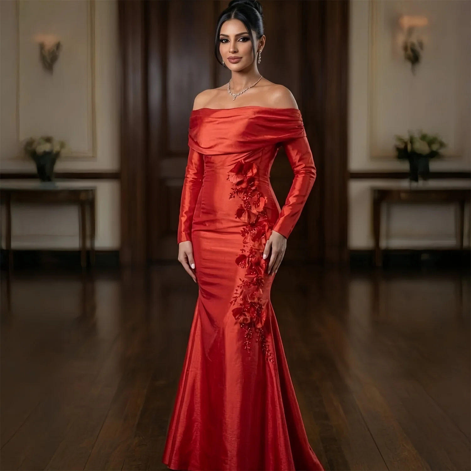 

EDECPBM Flowers Evening Dress Women European Design Red Satin Formal Events Party Customized Robes de Soirée New Collection