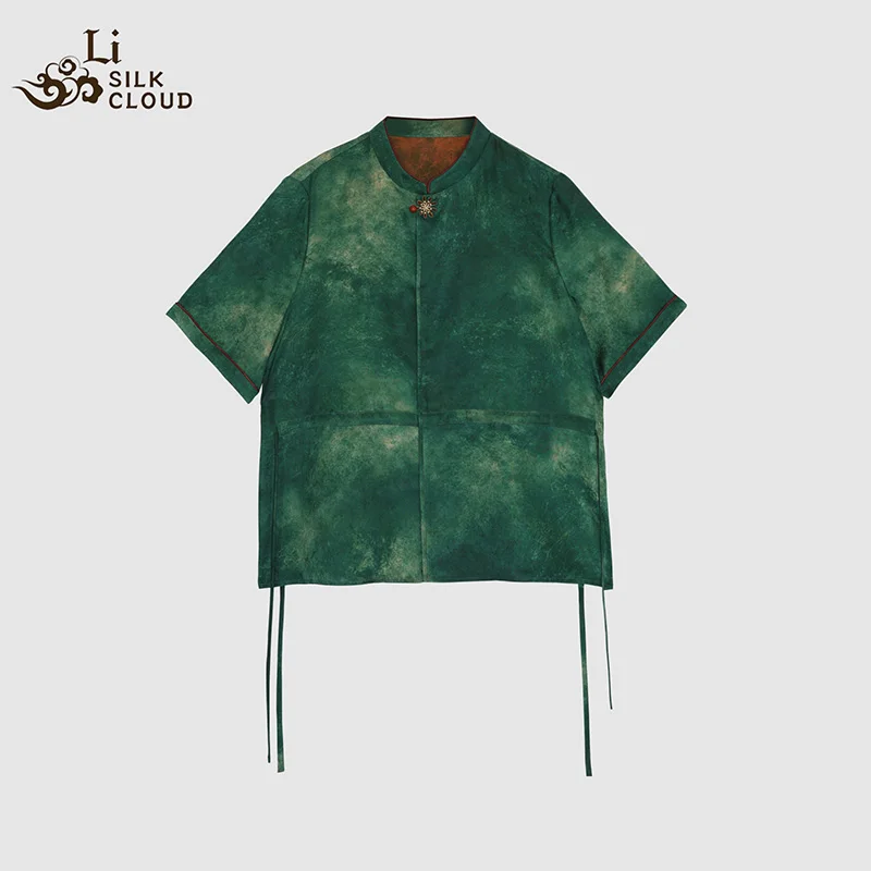 LI SILK CLOUD xiangyunsha Short Sleeve Blouse Comfortable Breathable, Oriental Style Top Guangdong Black Pearl Guangdong Gauze