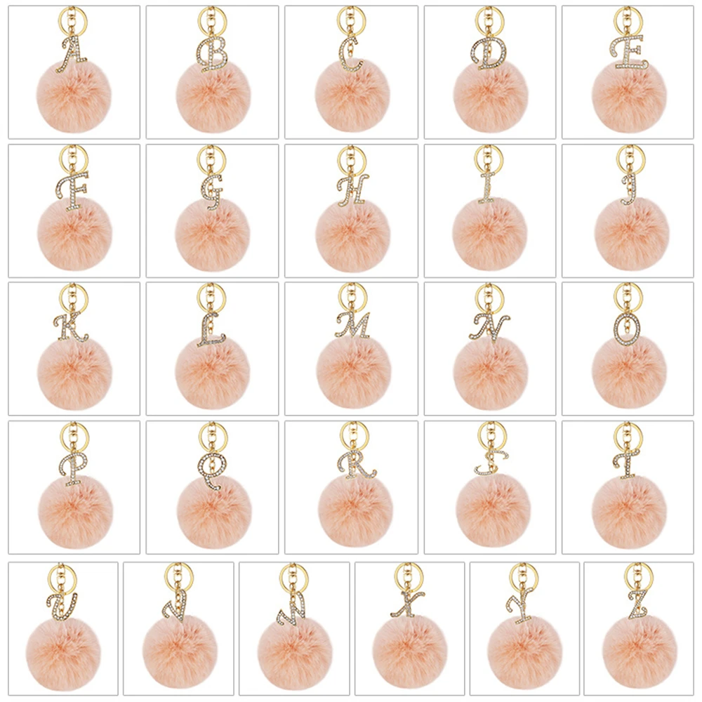 Fashion Creativity Keyring Golden Color English Letter Keychain With Plush Ball 26 Letters A - Z Handbag Charms For Woman Gift