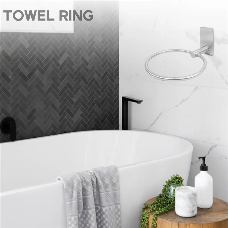 

AEE4-Towel Ring/Hand Towel Holder - Self Adhesive Round Towel Rack Black Hand Towel Bar For Bathroom, Stainless Steel