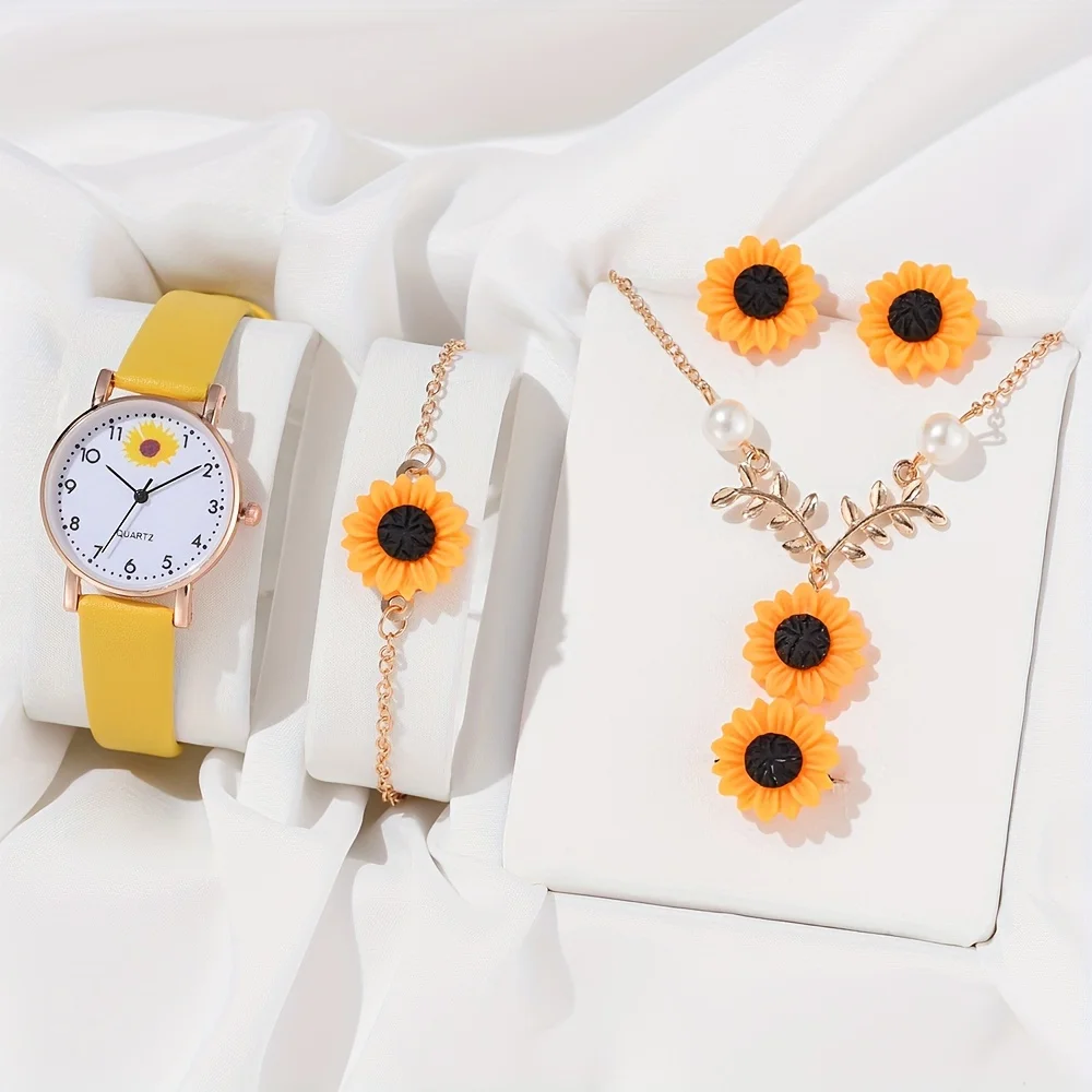 6pcs/set Cute Daisy Flower Quartz Watch and Jewelry Set for Women - Perfect Gift for Girls and Her