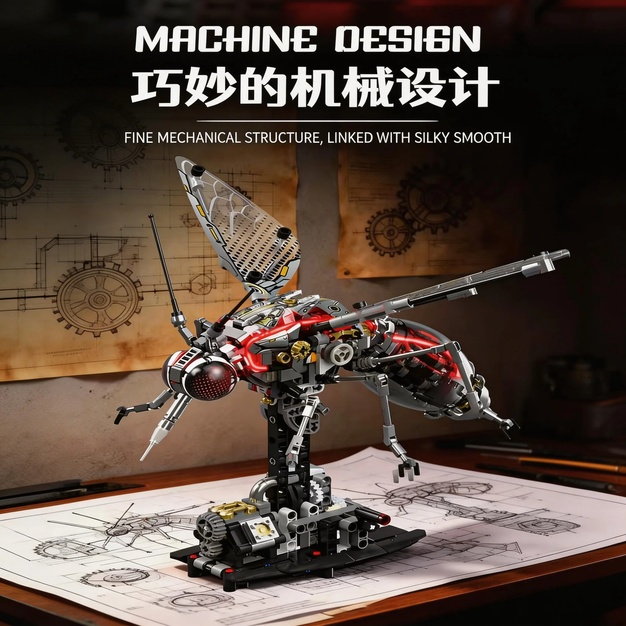 747PCS Mechanical Mosquito Building Blocks, Cyberpunk Insect Model with LED, Collectible STEM Toy Gift for Adults & Kids view 5